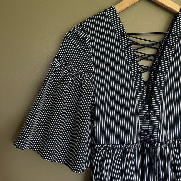 LA LIGNE La Boheme Dress Striped Lace Up Maxi Navy Blue Size XS Tiered Flouncy‎ - Picture 12 of 16